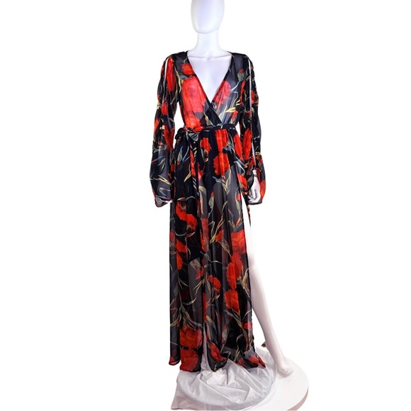 Fashion Nova | Sheer Floral Long Sleeve Surplice Maxi Dress w/ Bodysuit | Size L - Picture 7 of 7